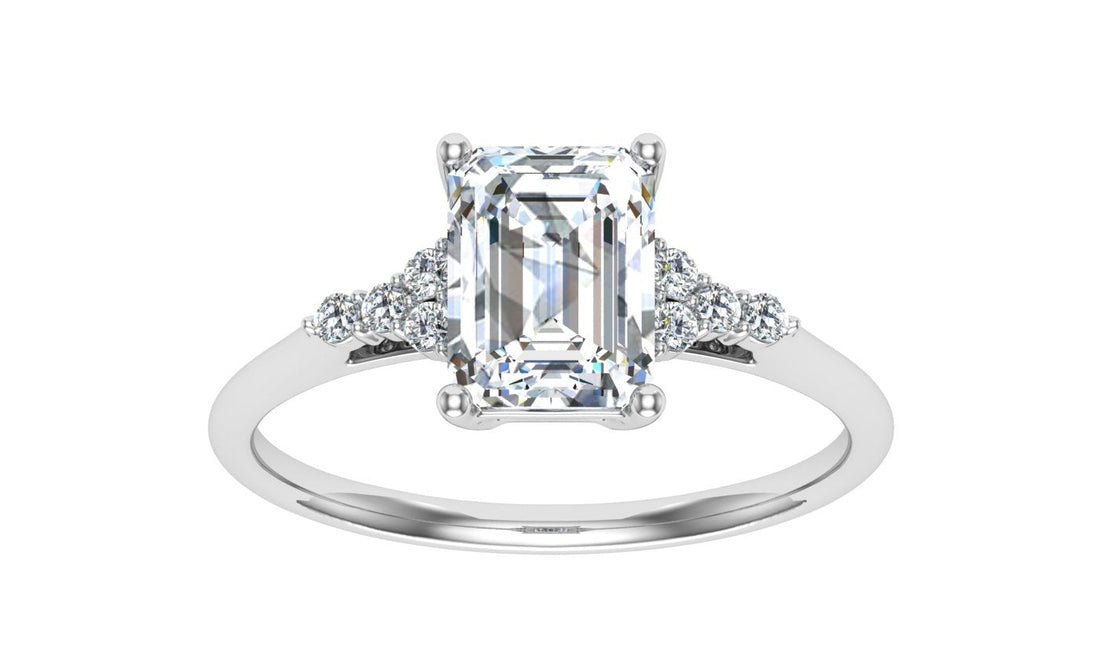 Glitz Emerald Cut Side Stones Moissanite Engagement Ring White Gold