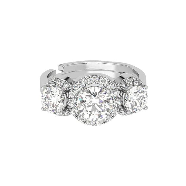 Glowing Round Halo Three Stone Moissanite Engagement Ring White Gold