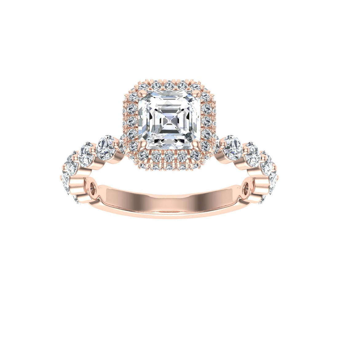 Golden Asscher Cut Double Edge Halo Moissanite Engagement Ring Rose Gold