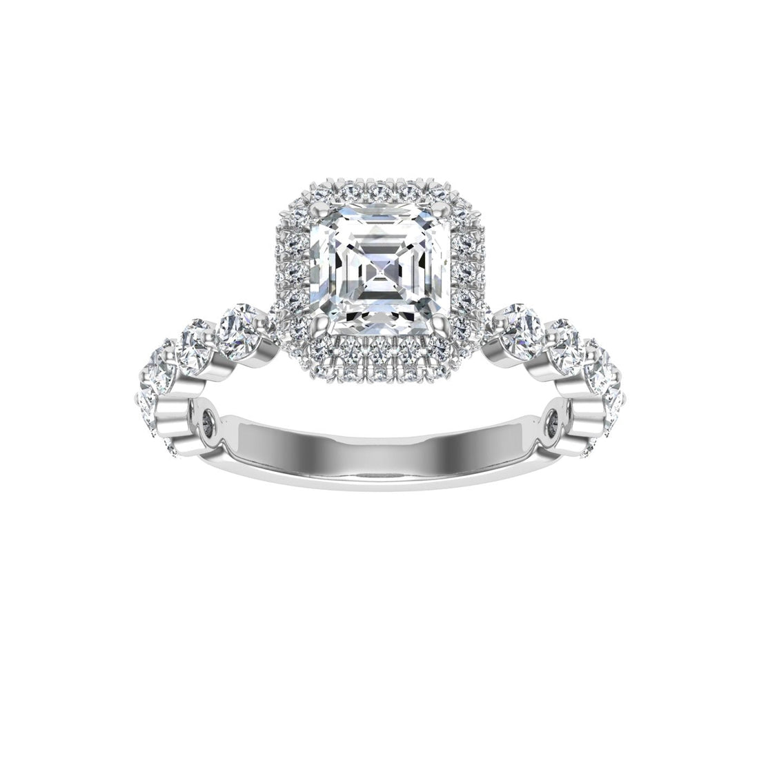 Golden Asscher Cut Double Edge Halo Moissanite Engagement Ring White Gold