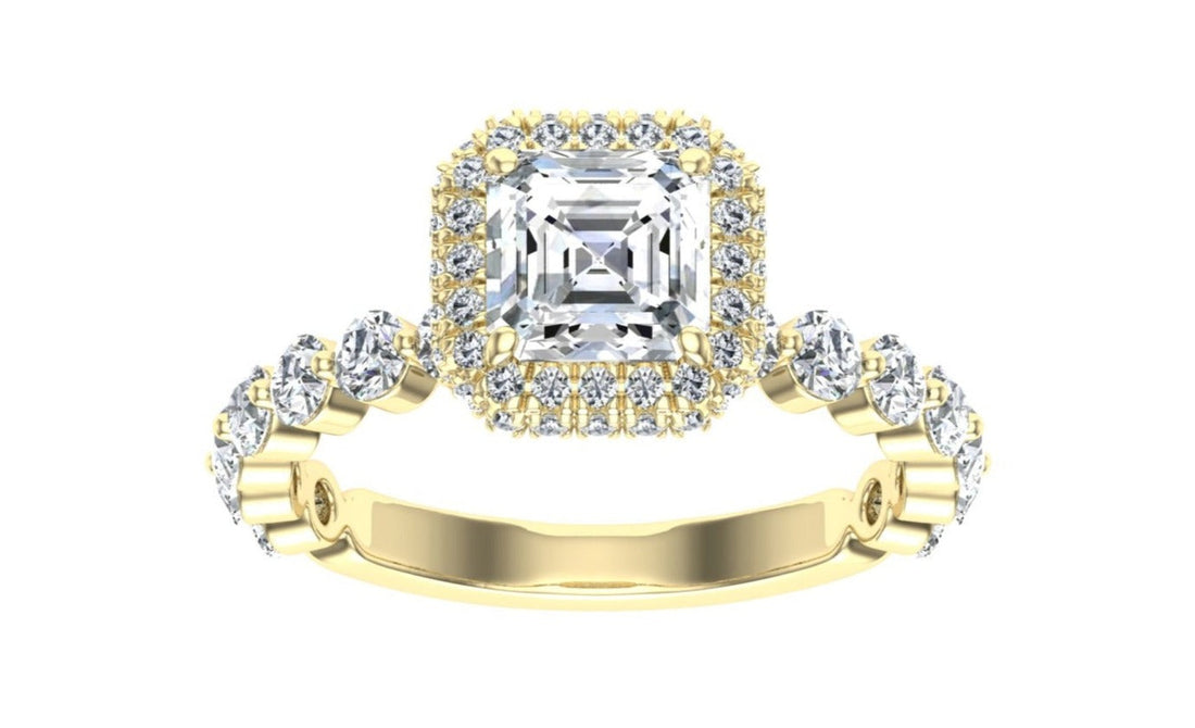 Golden Asscher Cut Double Edge Halo Moissanite Engagement Ring Yellow Gold