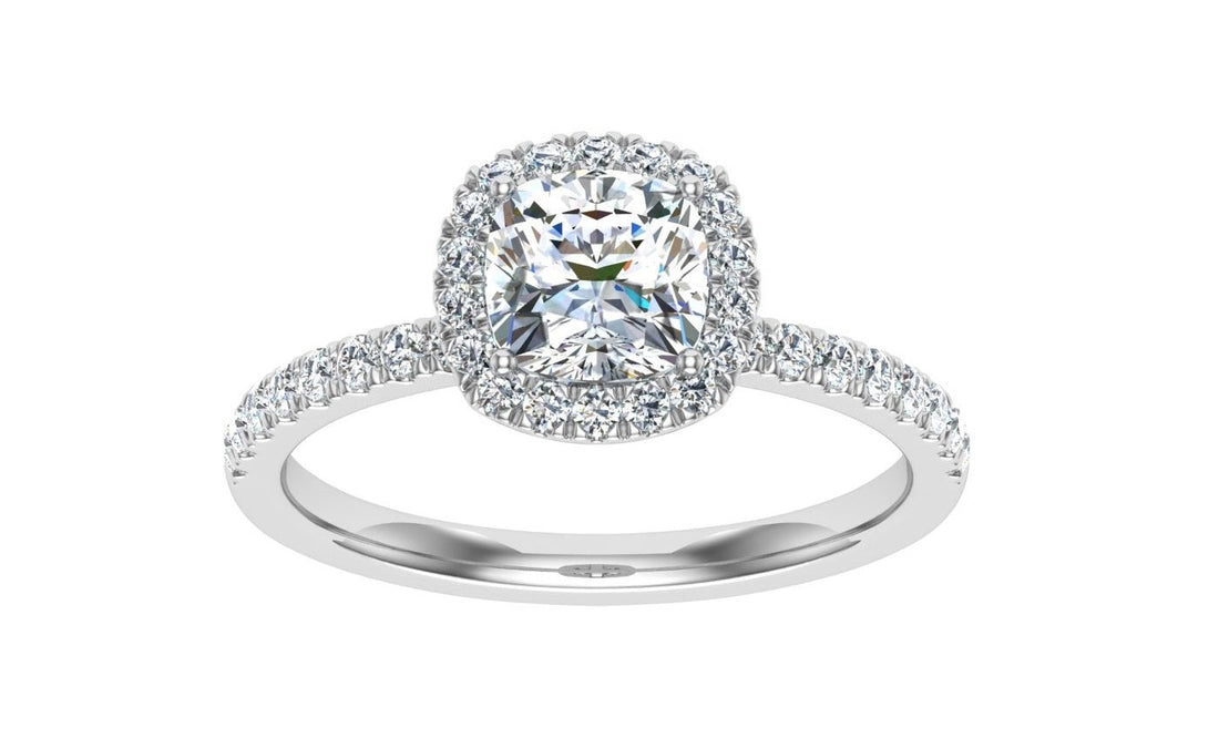 Heavenly Cushion Cut Halo Moissanite Engagement Ring White Gold