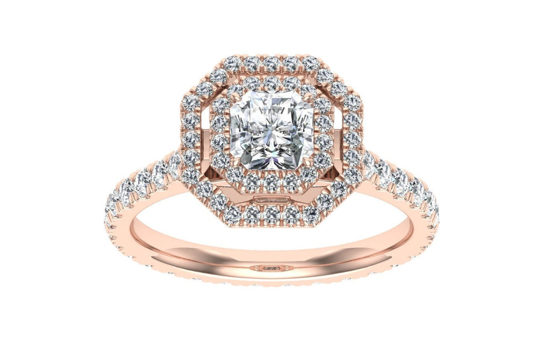 Horizon Asscher Cut Double Halo Moissanite Engagement Ring Rose Gold