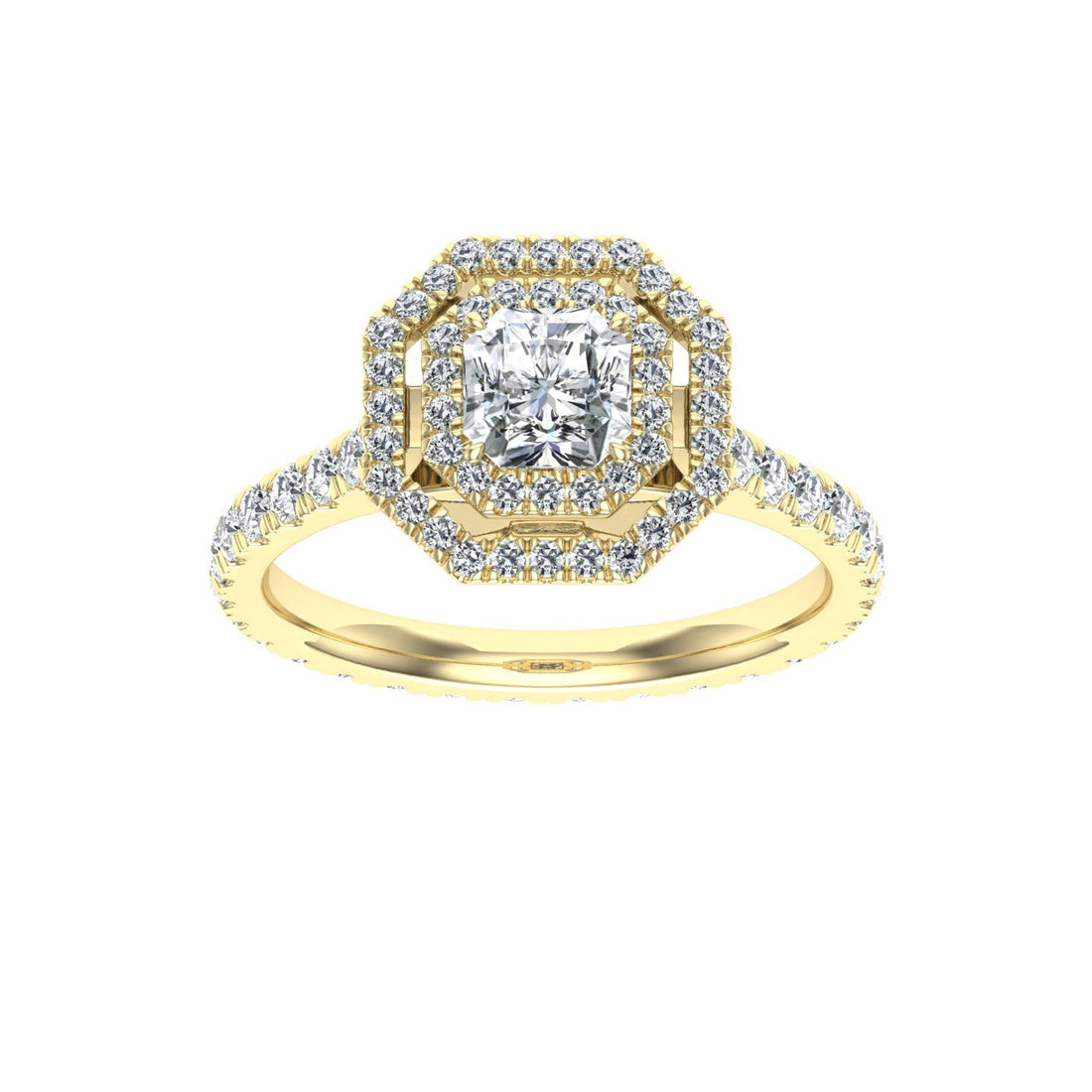 Horizon Asscher Cut Double Halo Moissanite Engagement Ring Yellow Gold