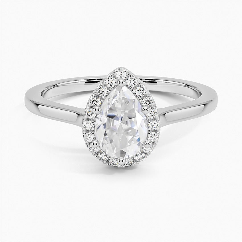 Ice Pear French Halo Moissanite Engagement Ring White Gold