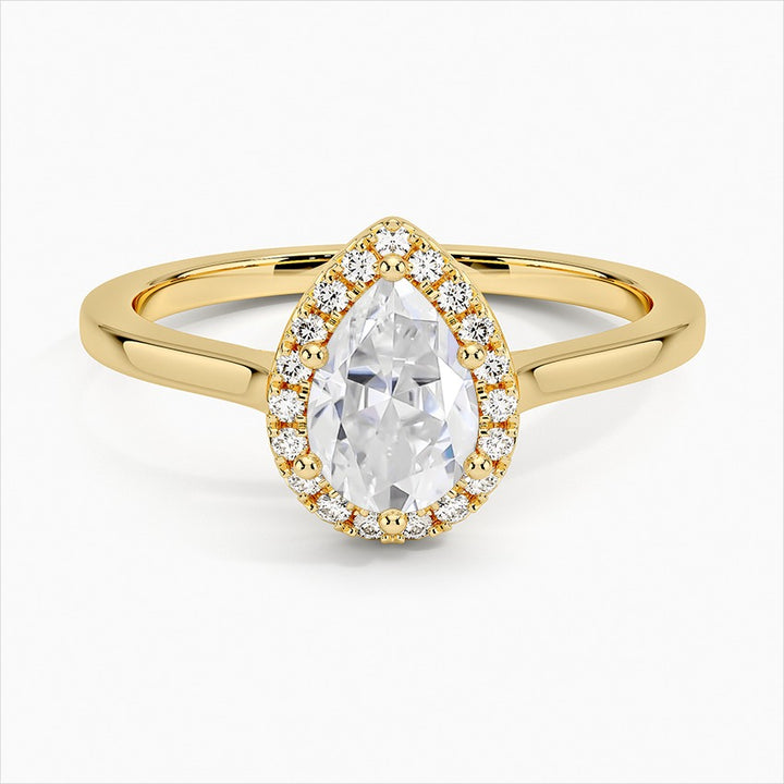 Ice Pear French Halo Moissanite Engagement Ring Yellow Gold