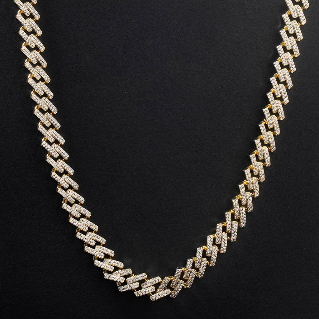 Inlay Iced 14mm Moissanite Miami Cuban Chain with Box Clasp Yellow Gold