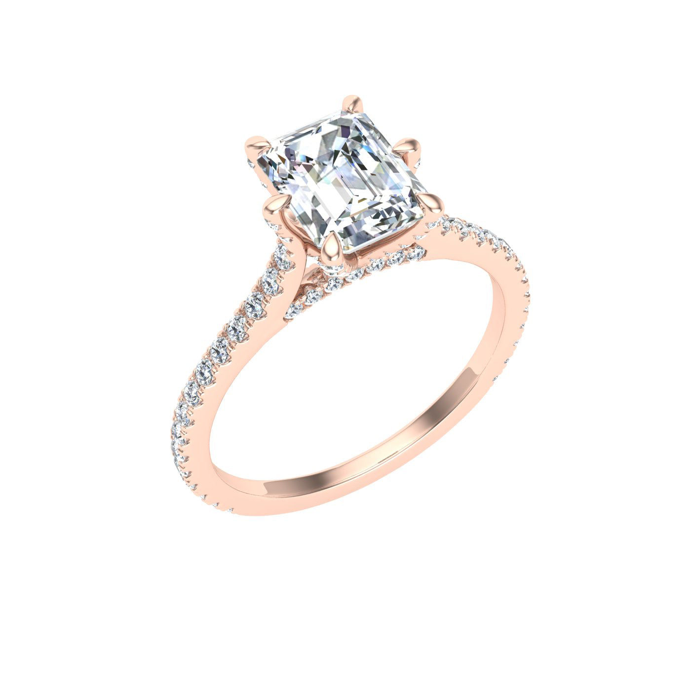 Inspiration Emerald Cut Side Stones Moissanite Engagement Ring Rose Gold