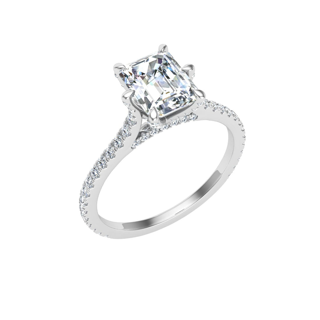 Inspiration Emerald Cut Side Stones Moissanite Engagement Ring White Gold