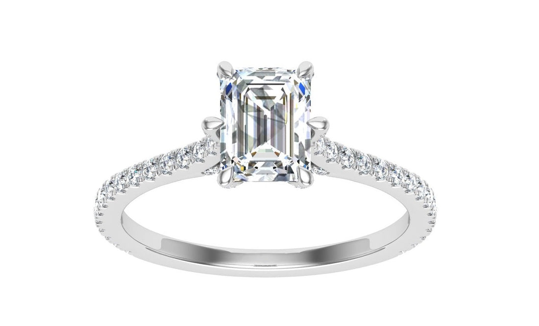 Inspiration Emerald Cut Side Stones Moissanite Engagement Ring White Gold