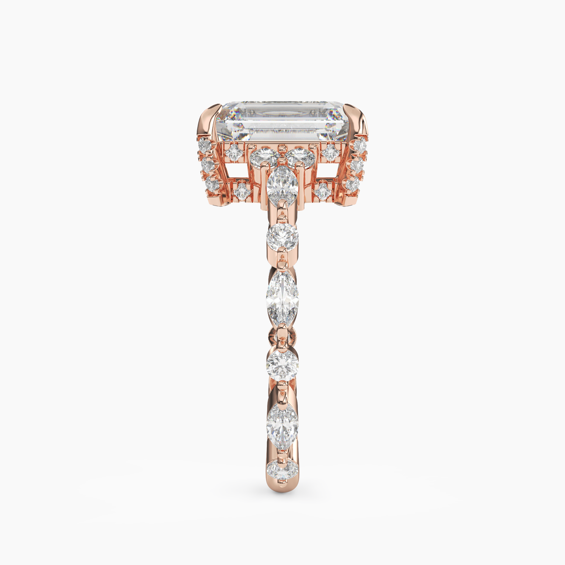 Flora 2.5 Carat Emerald Cut Hidden Halo Lab Grown Diamond Ring in 18K Rose Gold - View 3