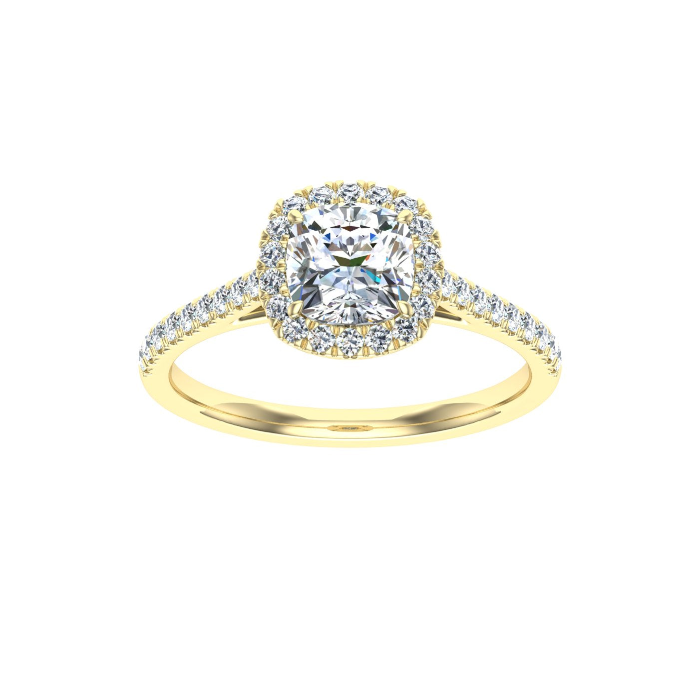 Jewel Cushion Cut Halo Moissanite Engagement Ring Yellow Gold