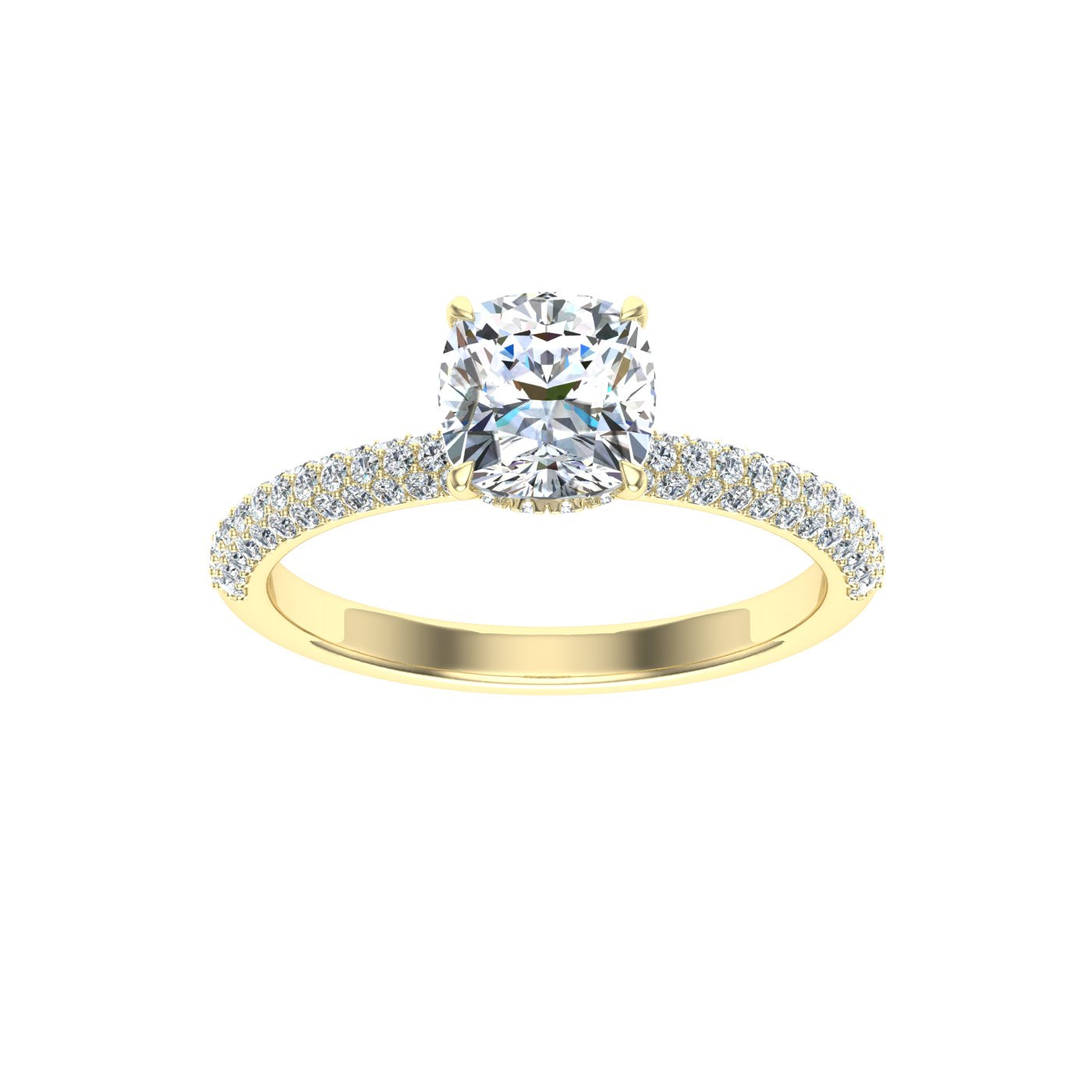 Jubilee Cushion Cut Micro Pavé Moissanite Engagement Ring Yellow Gold