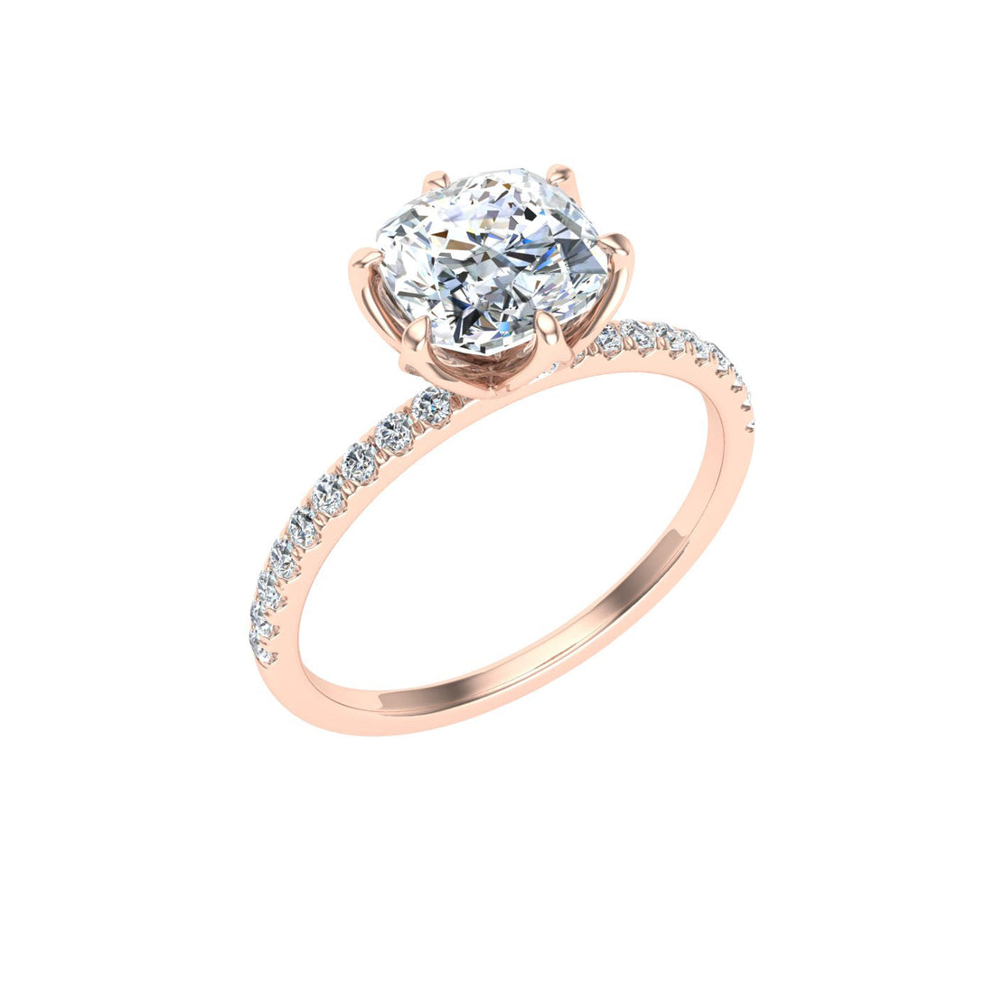 Reverie Cushion Cut Side Stones Moissanite Engagement Ring Rose Gold