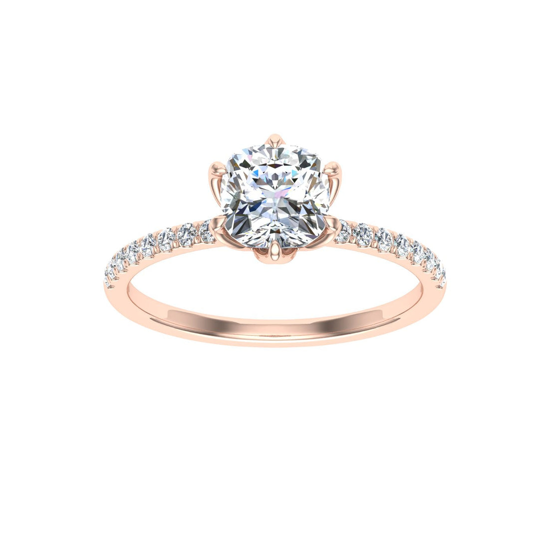 Reverie Cushion Cut Side Stones Moissanite Engagement Ring Rose Gold