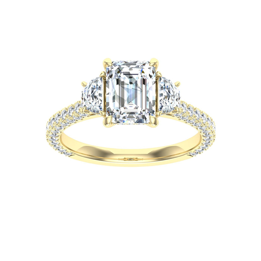 Perfection Emerald 3 Stone Moissanite Engagement Ring Yellow Gold