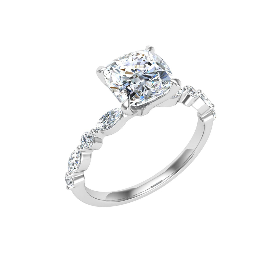 Orlov Cushion Cut Side Stones Moissanite Engagement Ring White Gold