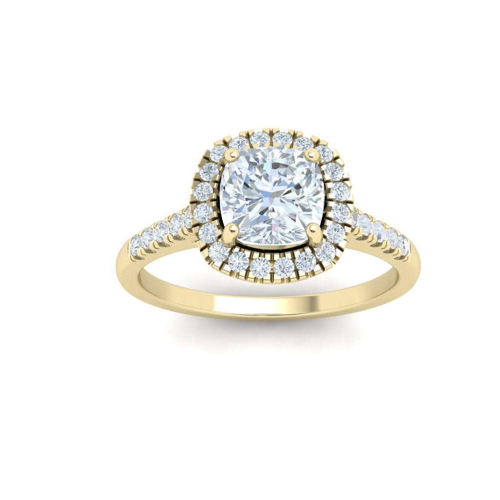 Lotus Cushion Cut Half Eternity Pavé Moissanite Engagement Ring Yellow Gold