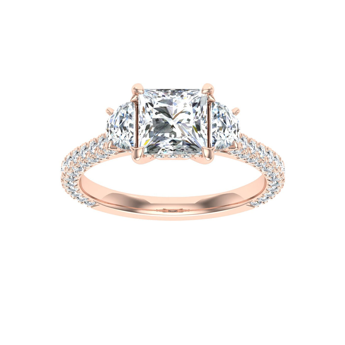 Luminescent Princess 3 Stone Moissanite Engagement Ring  Rose Gold