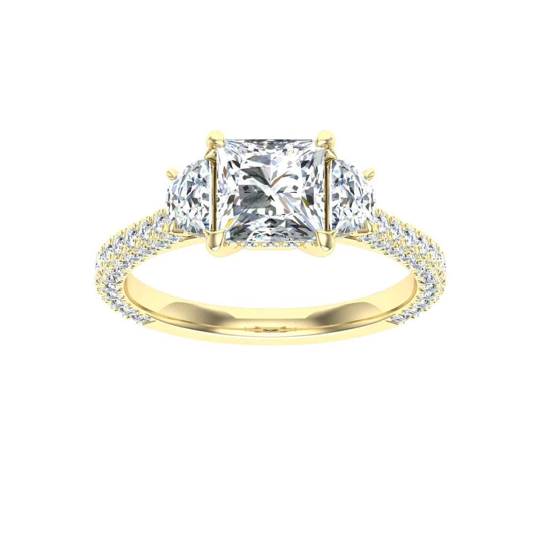 Luminescent Princess 3 Stone Moissanite Engagement Ring Yellow Gold