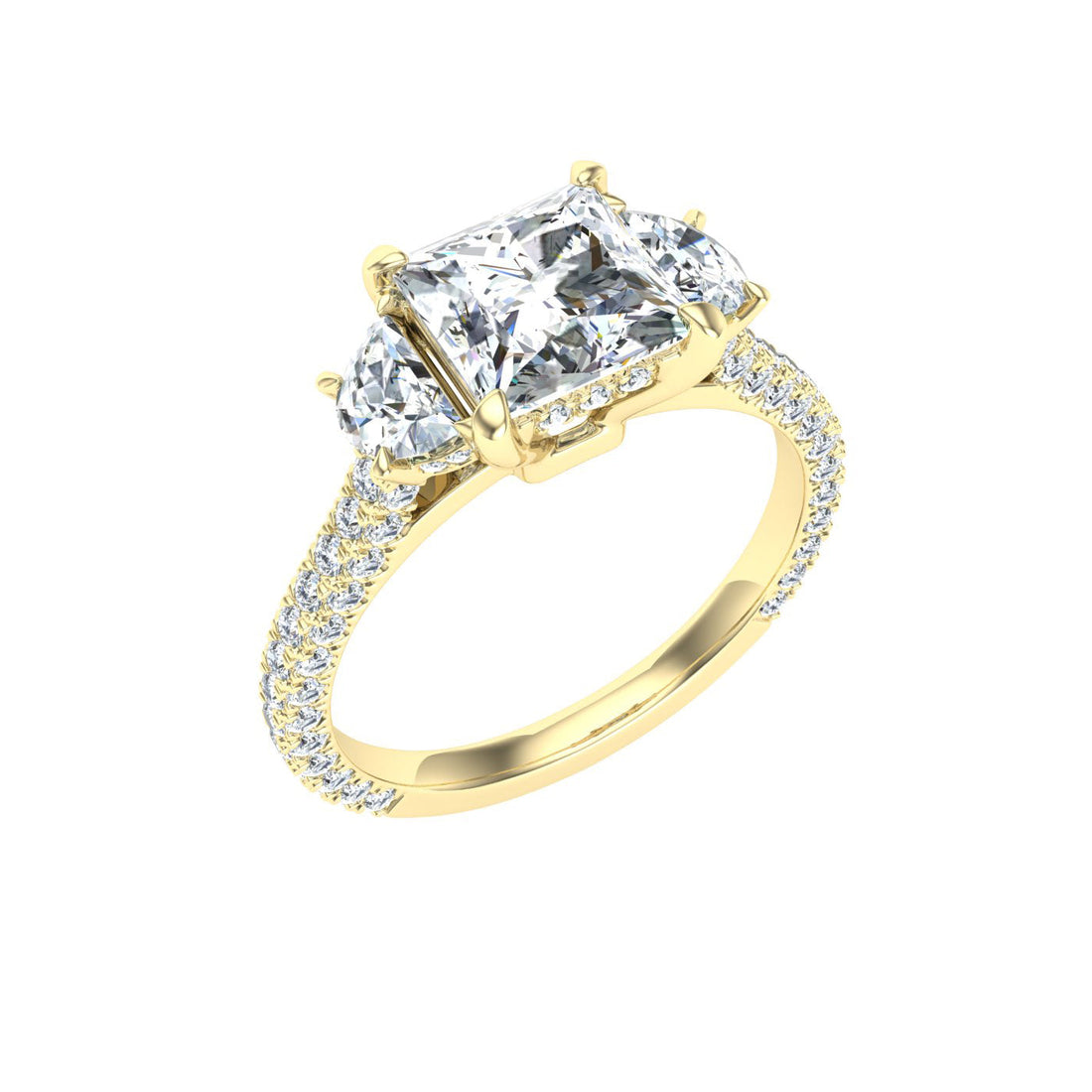 Luminescent Princess 3 Stone Moissanite Engagement Ring Yellow Gold