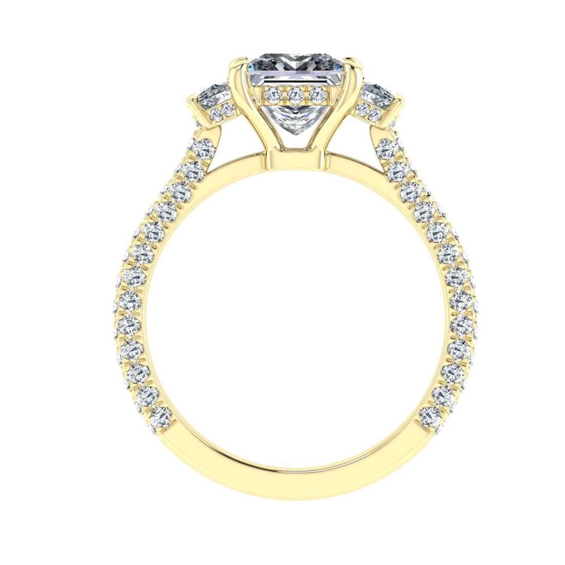 Luminescent Princess 3 Stone Moissanite Engagement Ring Yellow Gold