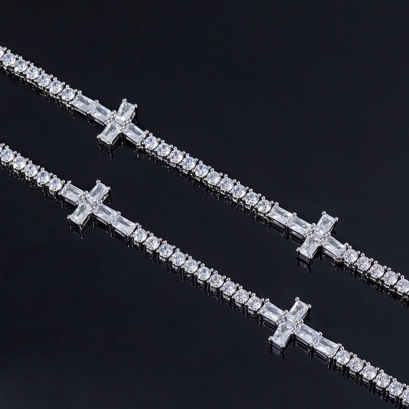 Luminous Link 3mm Moissanite Baguette Cut Cross Tennis Chain White Gold