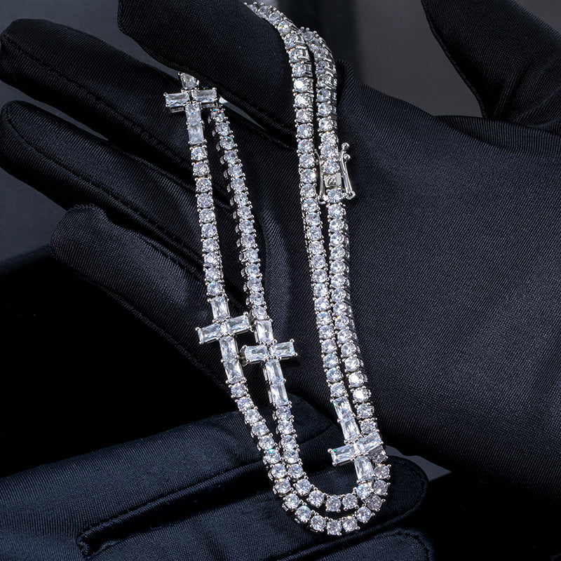 Luminous Link 3mm Moissanite Baguette Cut Cross Tennis Chain