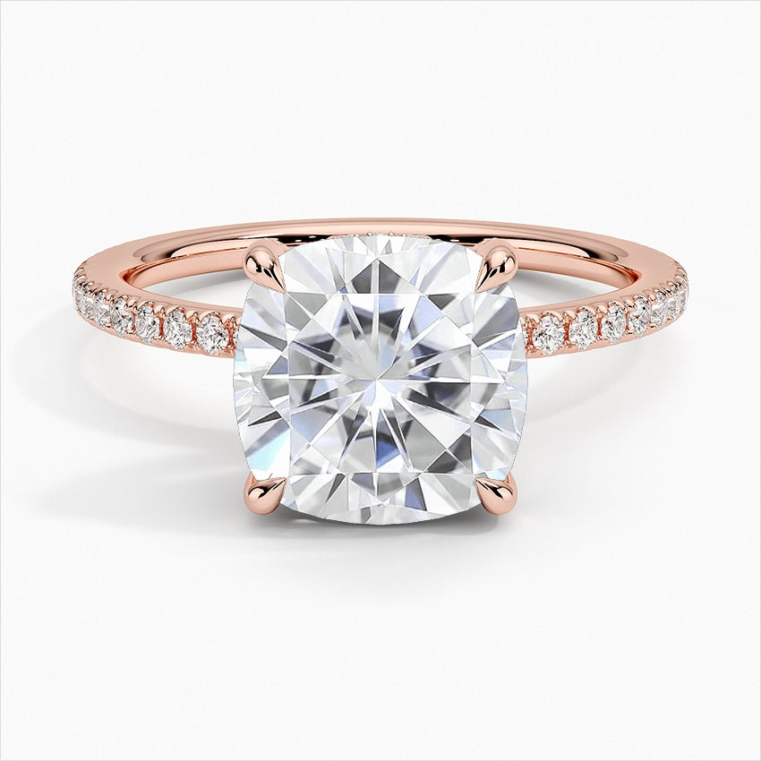 Luna 4-Prong Cushion Side Stones Moissanite Engagement Ring  Rose Gold