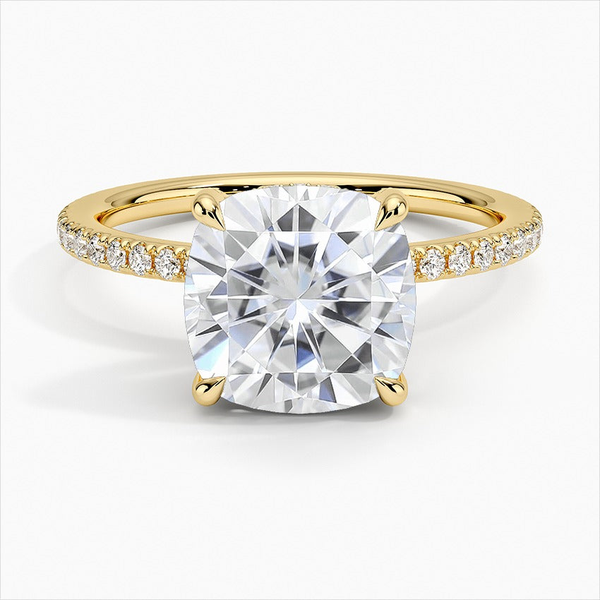 Luna 4-Prong Cushion Side Stones Moissanite Engagement Ring Yellow Gold