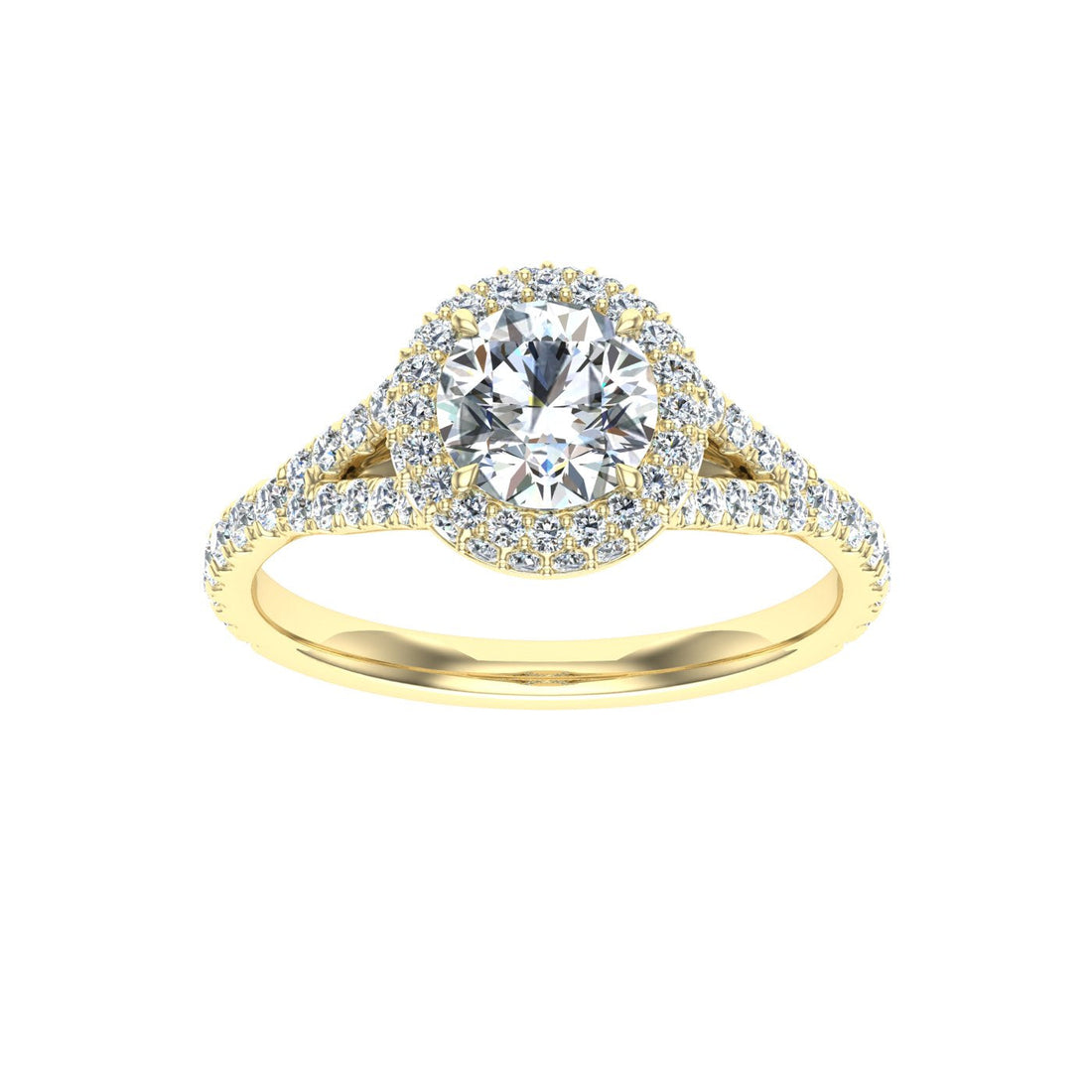 Lustrous Round Cut Side Stones Moissanite Engagement Ring Yellow Gold