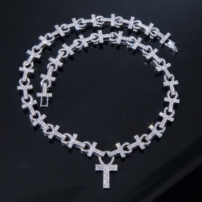 Luxor 16mm Moissanite Micro Pave Ankh Link Chain White Gold