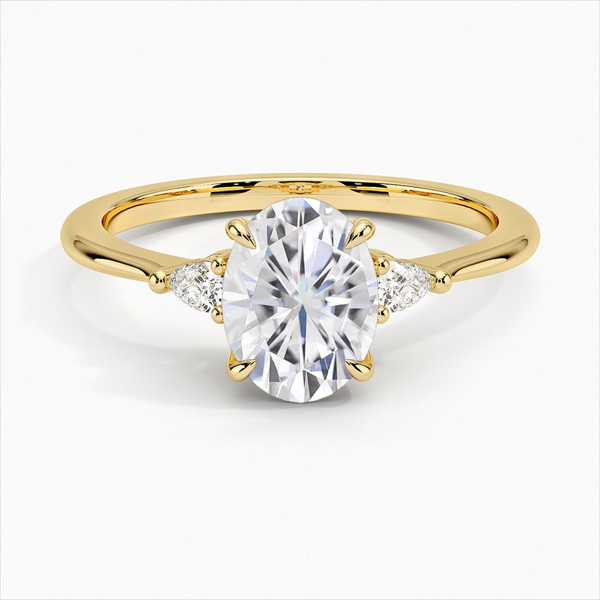 Majestic Oval Three Stone Moissanite Engagement Ring Yellow Gold