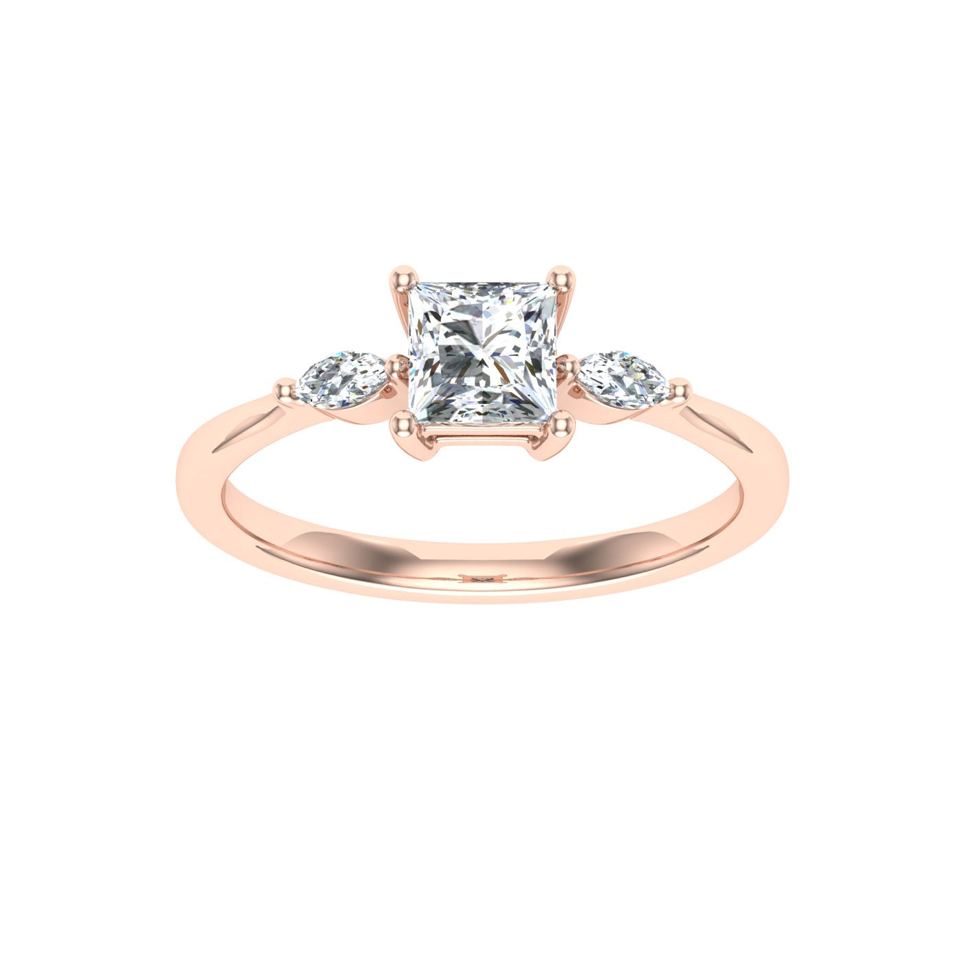 Majestic Princess 3 Stone Moissanite Engagement Ring  Rose Gold