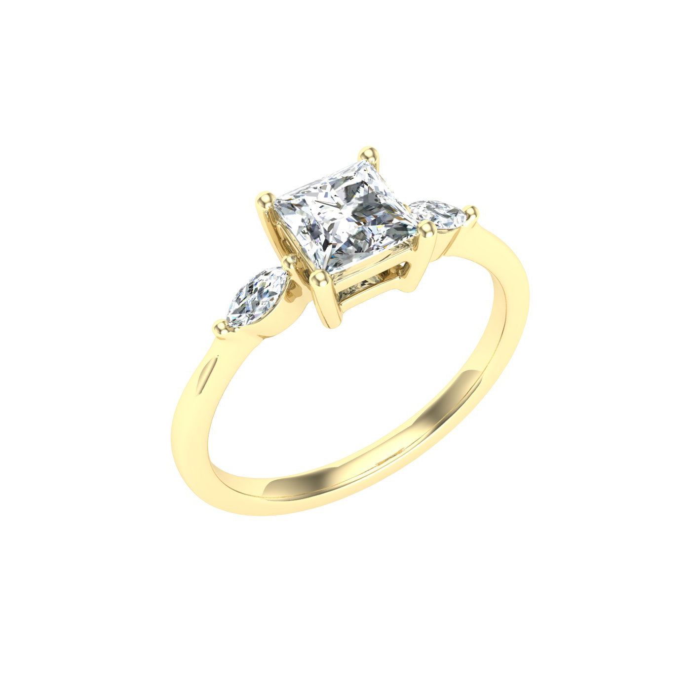 Majestic Princess 3 Stone Moissanite Engagement Ring Yellow Gold