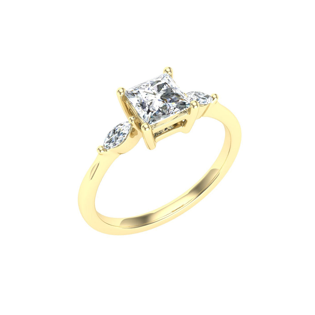 Majestic Princess 3 Stone Moissanite Engagement Ring Yellow Gold