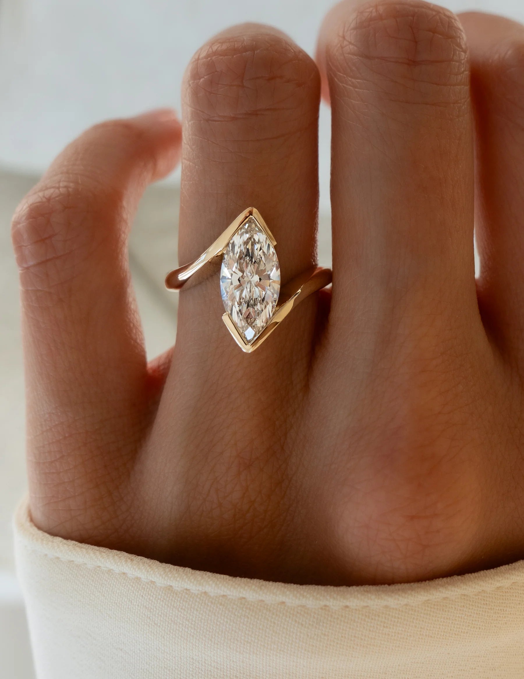 Marquise Cut Moissanite Vertical Ring — Half Bezel Setting