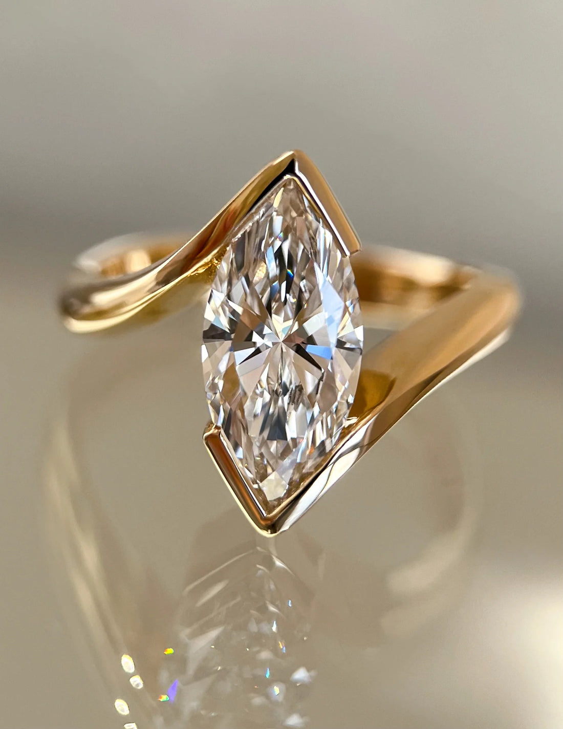 Marquise Cut Moissanite Vertical Ring — Half Bezel Setting