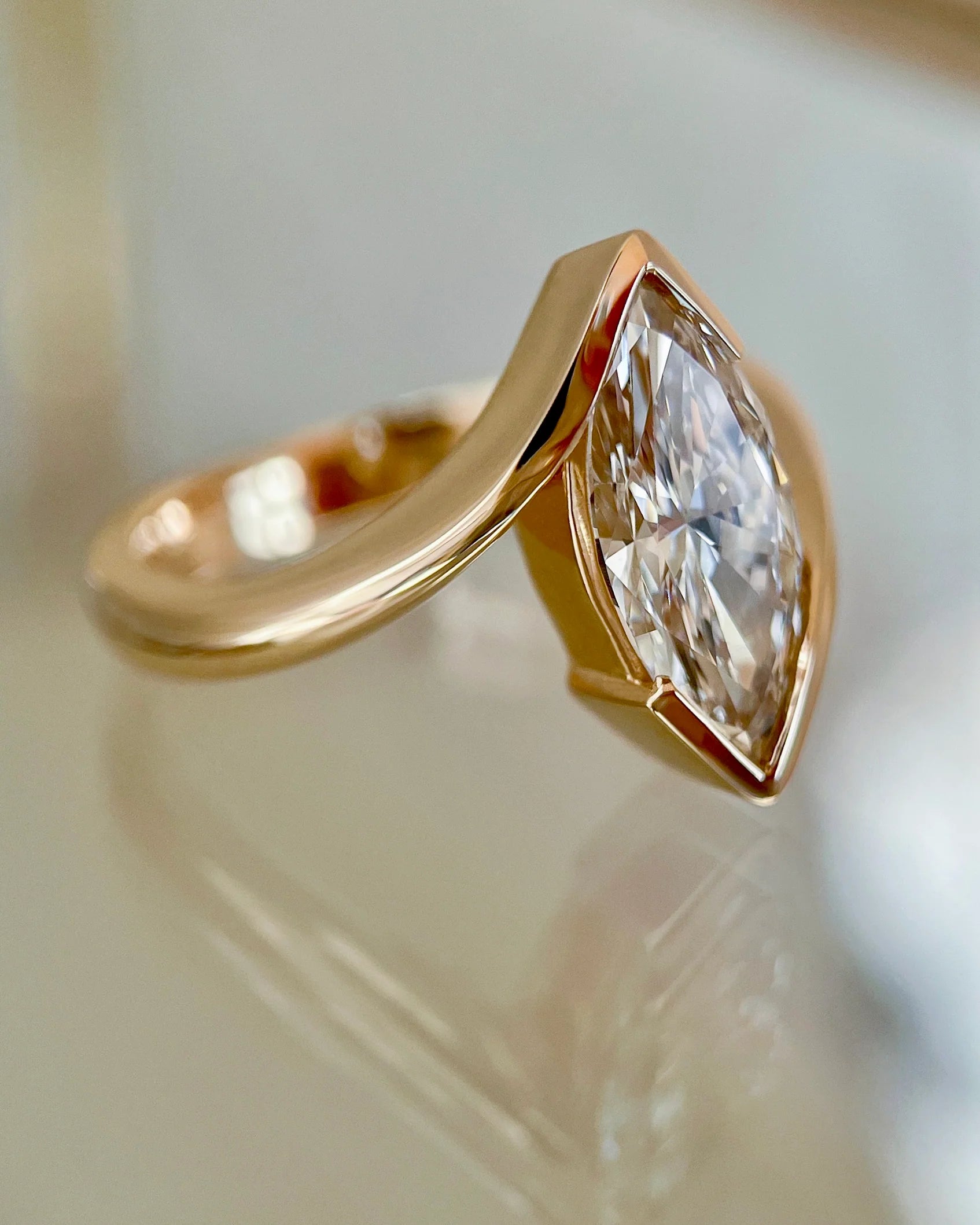 Marquise Cut Moissanite Vertical Ring — Half Bezel Setting