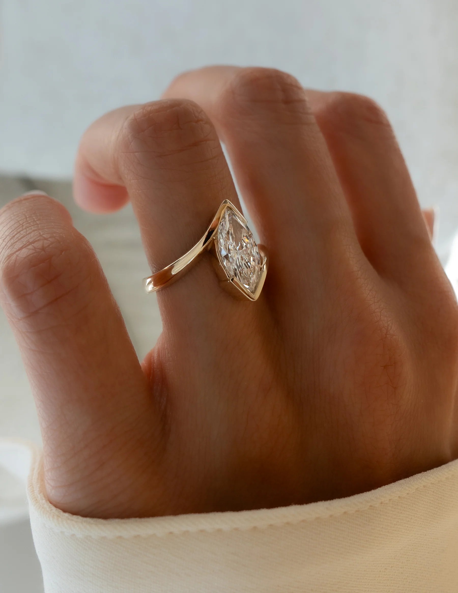 Marquise Cut Moissanite Vertical Ring — Half Bezel Setting