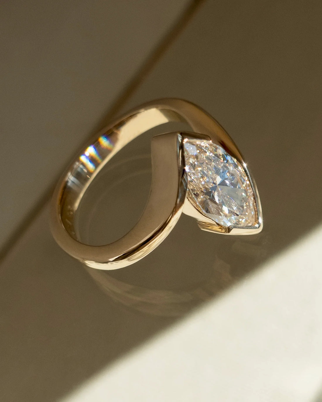 Marquise Cut Moissanite Vertical Ring — Half Bezel Setting