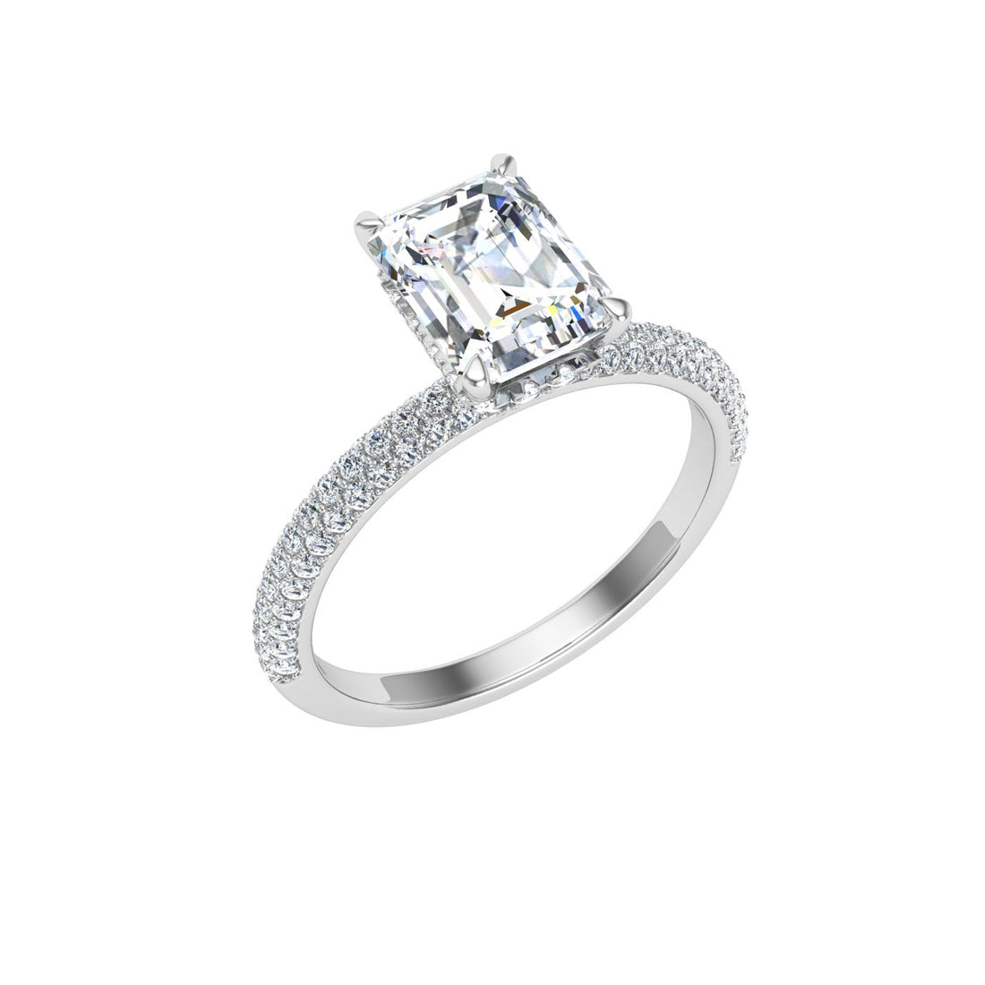 Meridian Emerald Cut Micro Pavé Moissanite Engagement Ring White Gold