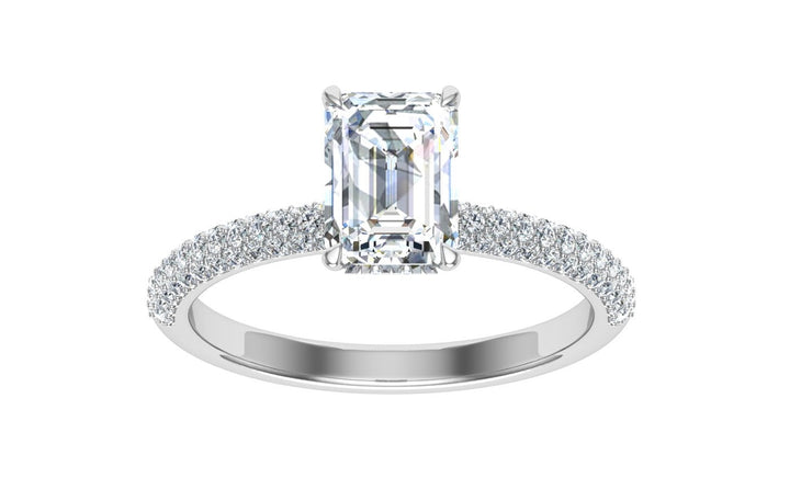 Meridian Emerald Cut Micro Pavé Moissanite Engagement Ring White Gold