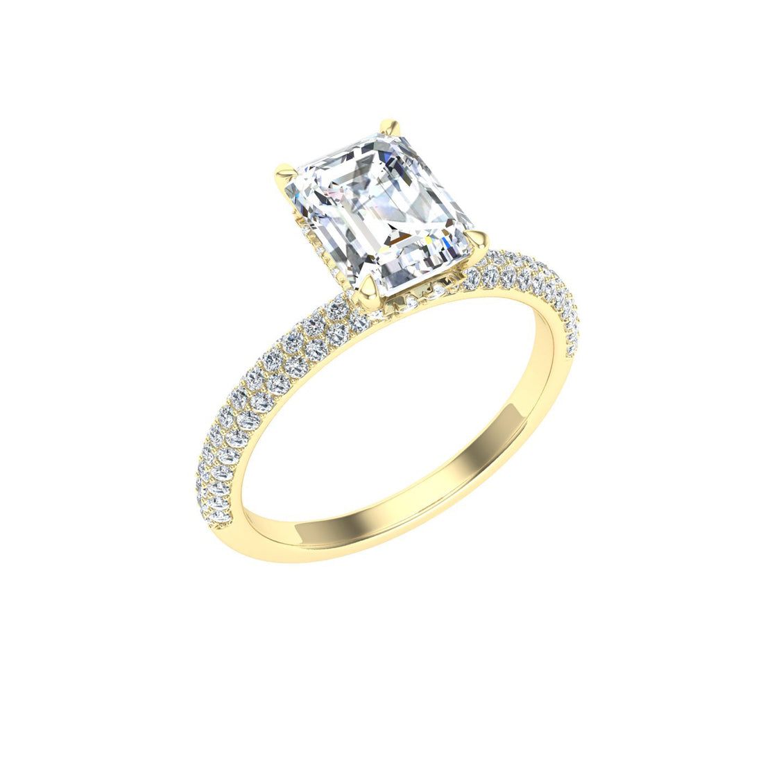 Meridian Emerald Cut Micro Pavé Moissanite Engagement Ring Yellow Gold