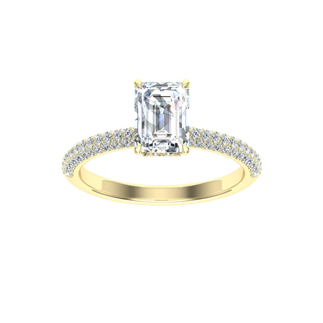 Meridian Emerald Cut Micro Pavé Moissanite Engagement Ring Yellow Gold