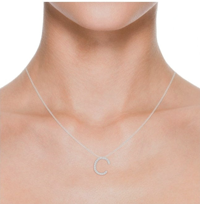 Dainty letter C lab grown diamond initial pendant in silver