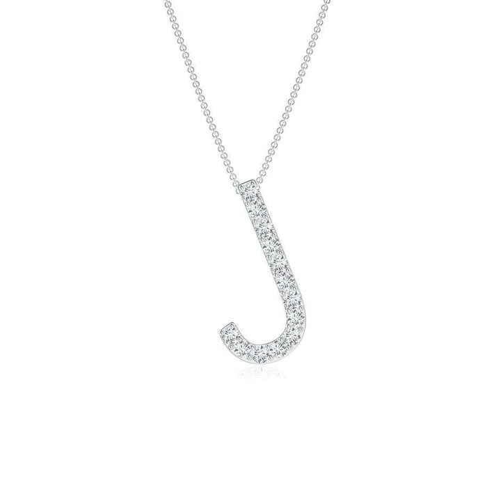 Dainty letter J lab grown diamond initial pendant in white gold