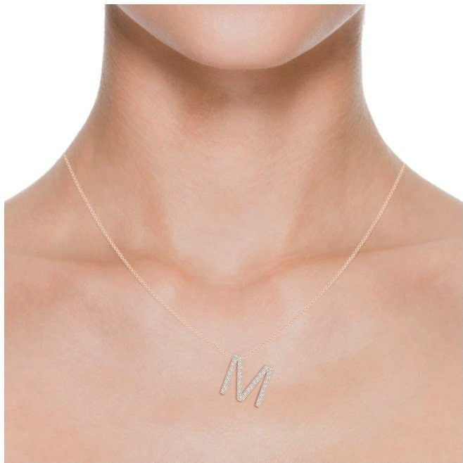 Dainty letter M lab grown diamond initial pendant in white gold