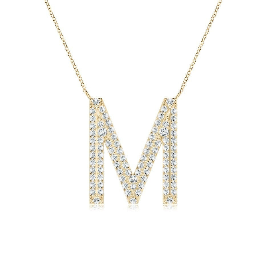 Double Row letter M lab grown diamond initial pendant in yellow gold