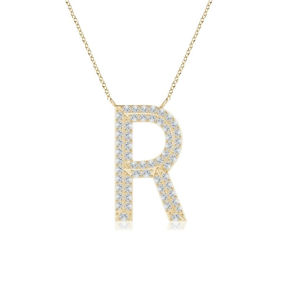Double Row letter R lab grown diamond initial pendant in yellow gold